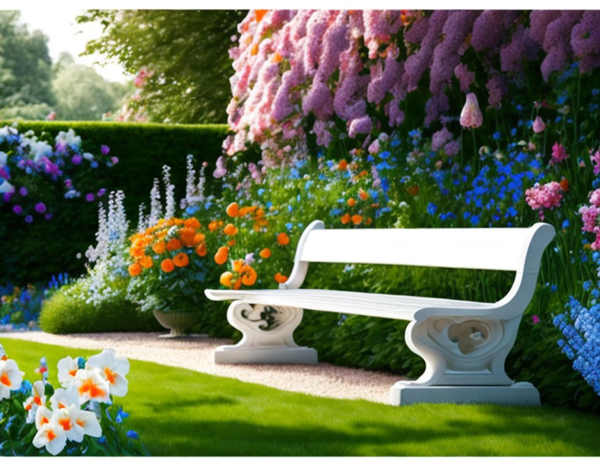 Tranquil garden with white bench, lush greenery, and vibrant flowers