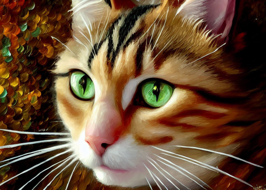 Detailed digital painting of orange and white cat with green eyes and whiskers