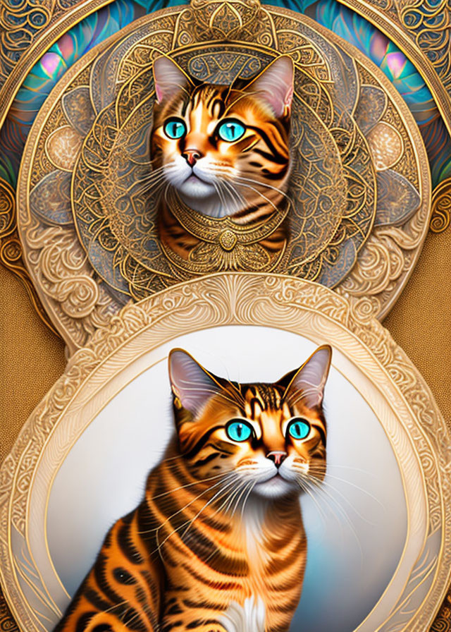 Vibrant digital artwork: Regal Bengal cats with blue eyes in golden mandala