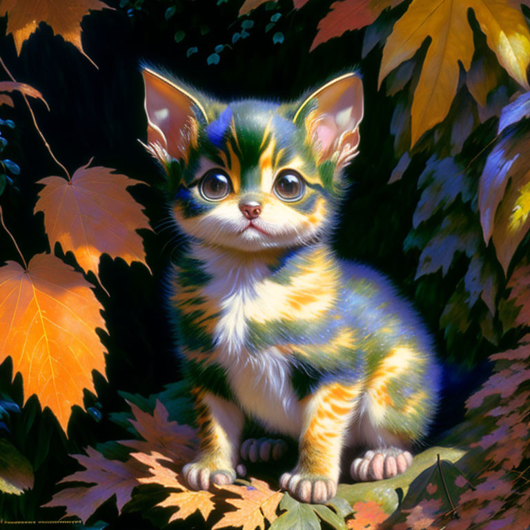 Whimsical digital art: Kitten with large eyes and ears in vibrant blue and yellow fur among