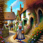 Whimsical village scene with human-sized cat in Victorian attire among colorful cottages