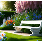 Tranquil garden with white bench, lush greenery, and vibrant flowers