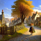 Charming village scene: cobblestone road, quaint houses, anthropomorphic cat with briefcase,