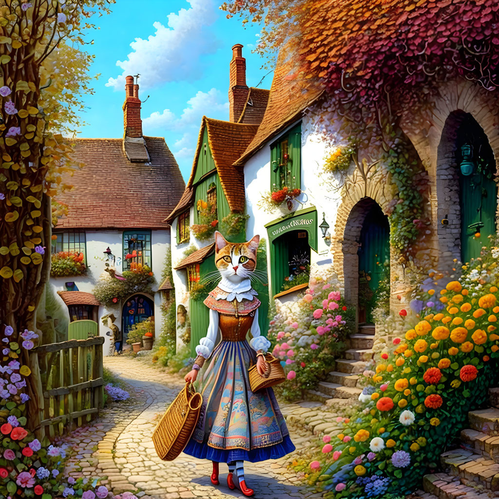 Whimsical village scene with human-sized cat in Victorian attire among colorful cottages