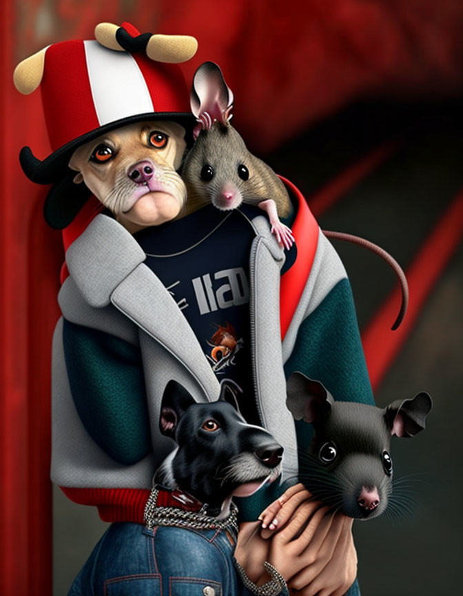 Whimsical dog illustration with mice and unique attire