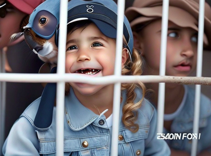 Two children in denim jackets with a blue bird, laughing behind a white fence