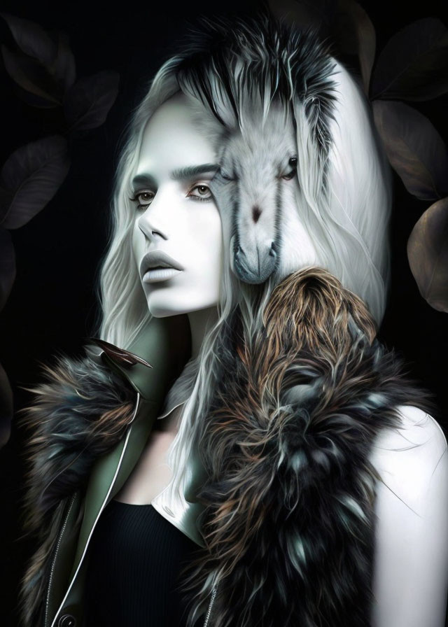 Surreal hybrid creature: woman's face merges with goat, fur textures, dark background