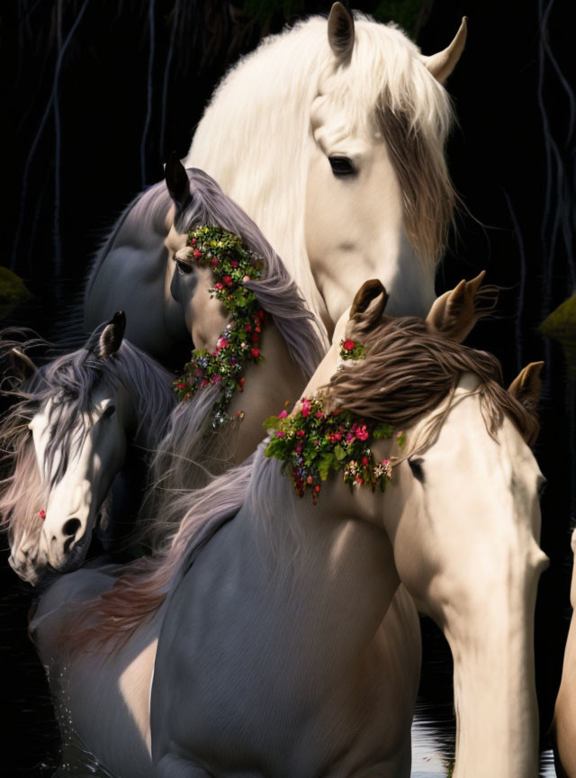 Four Horses with Floral Wreaths in Dark Background