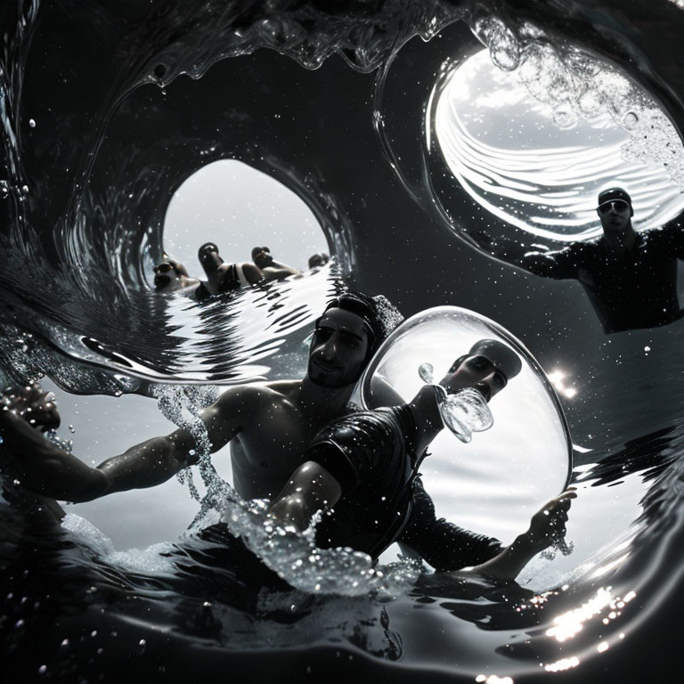 Swimmers at Surface with Air Bubbles in Dark Water