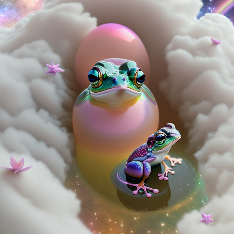 Colorful Glossy Frogs on Reflective Surface Amid Clouds and Stars