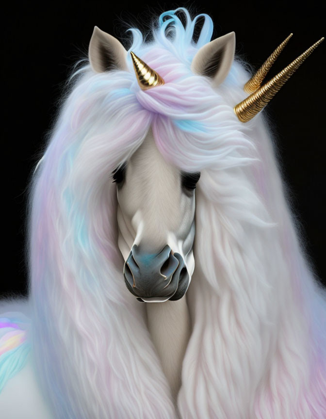 Fantastical unicorn with pastel mane and golden horn on black background