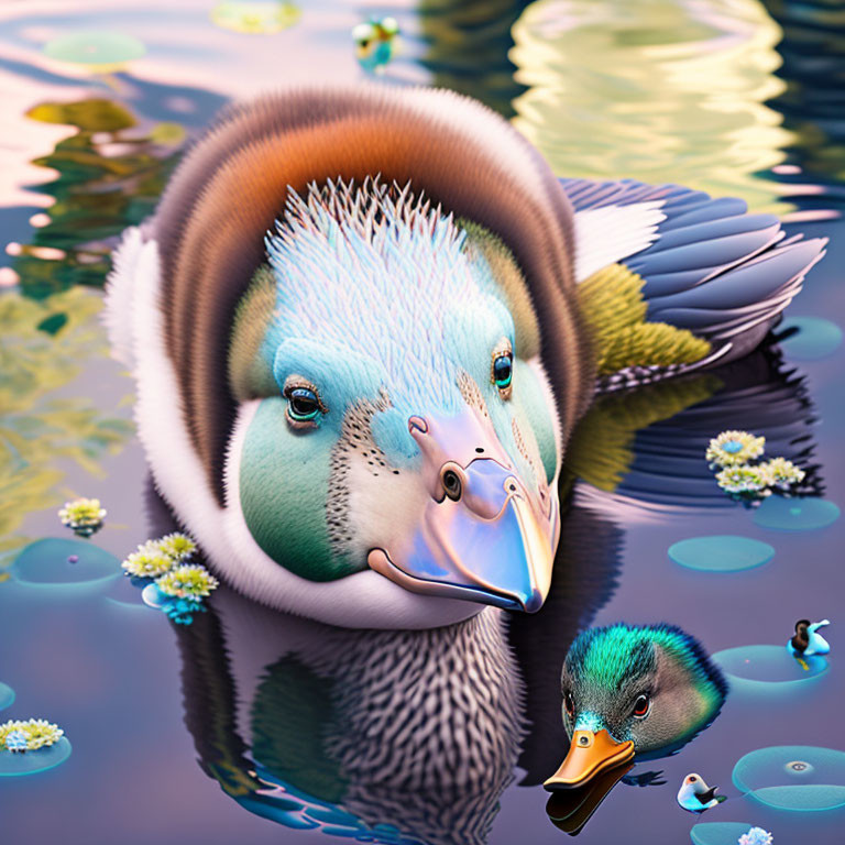 Surreal oversized duck with human-like face in vibrant colors