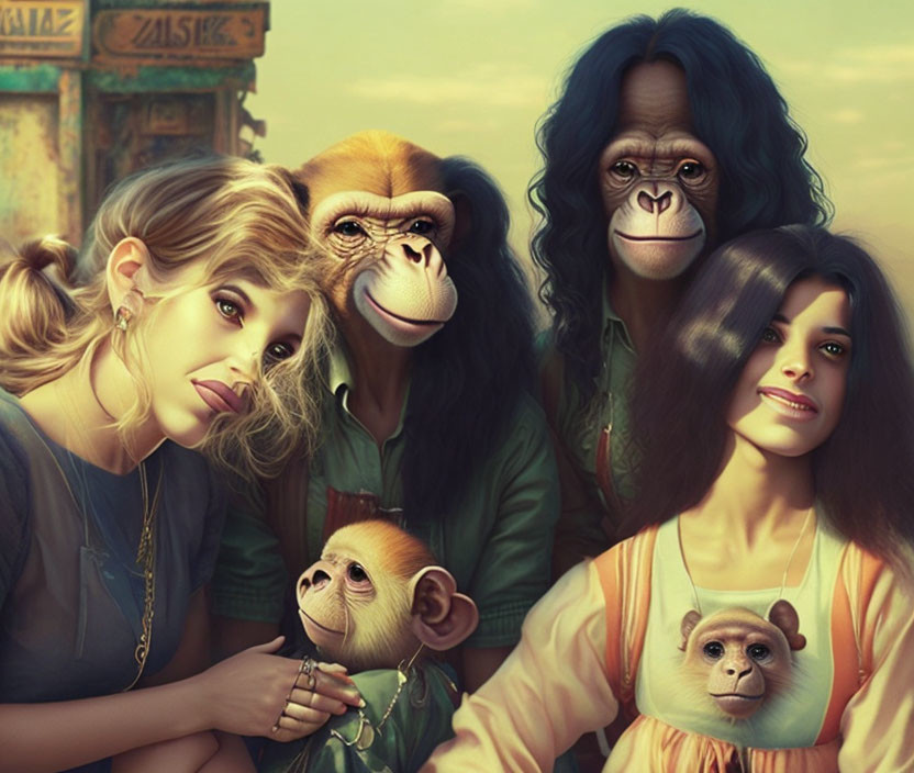 Surreal artwork featuring women and apes with expressive faces