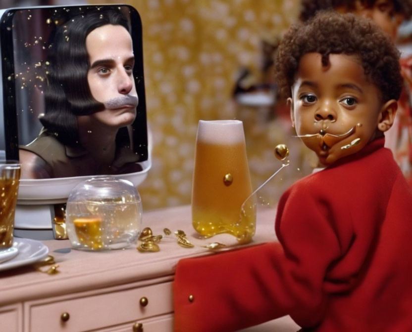 Child in red sweater with honey on face, beer, goldfish bowl, and surreal iPad portrait.