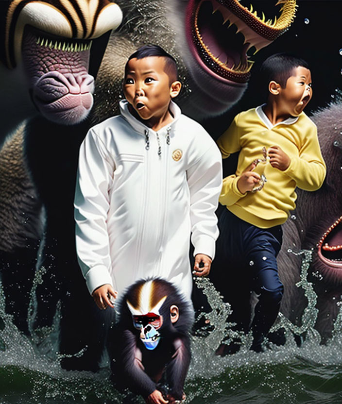 Children surrounded by wild animals in surreal dream.