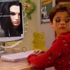 Child in red sweater with honey on face, beer, goldfish bowl, and surreal iPad portrait.