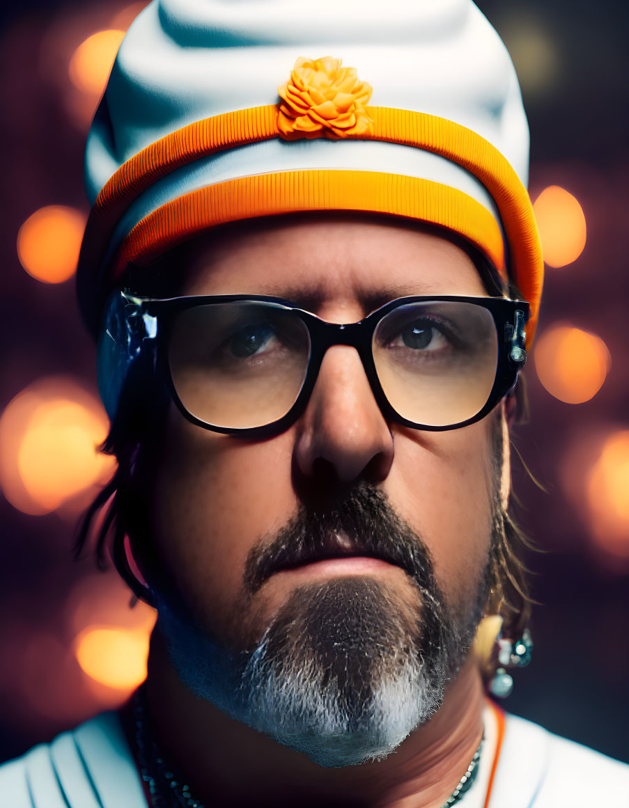 Bearded man in sailor cap with glasses and earring on bokeh background