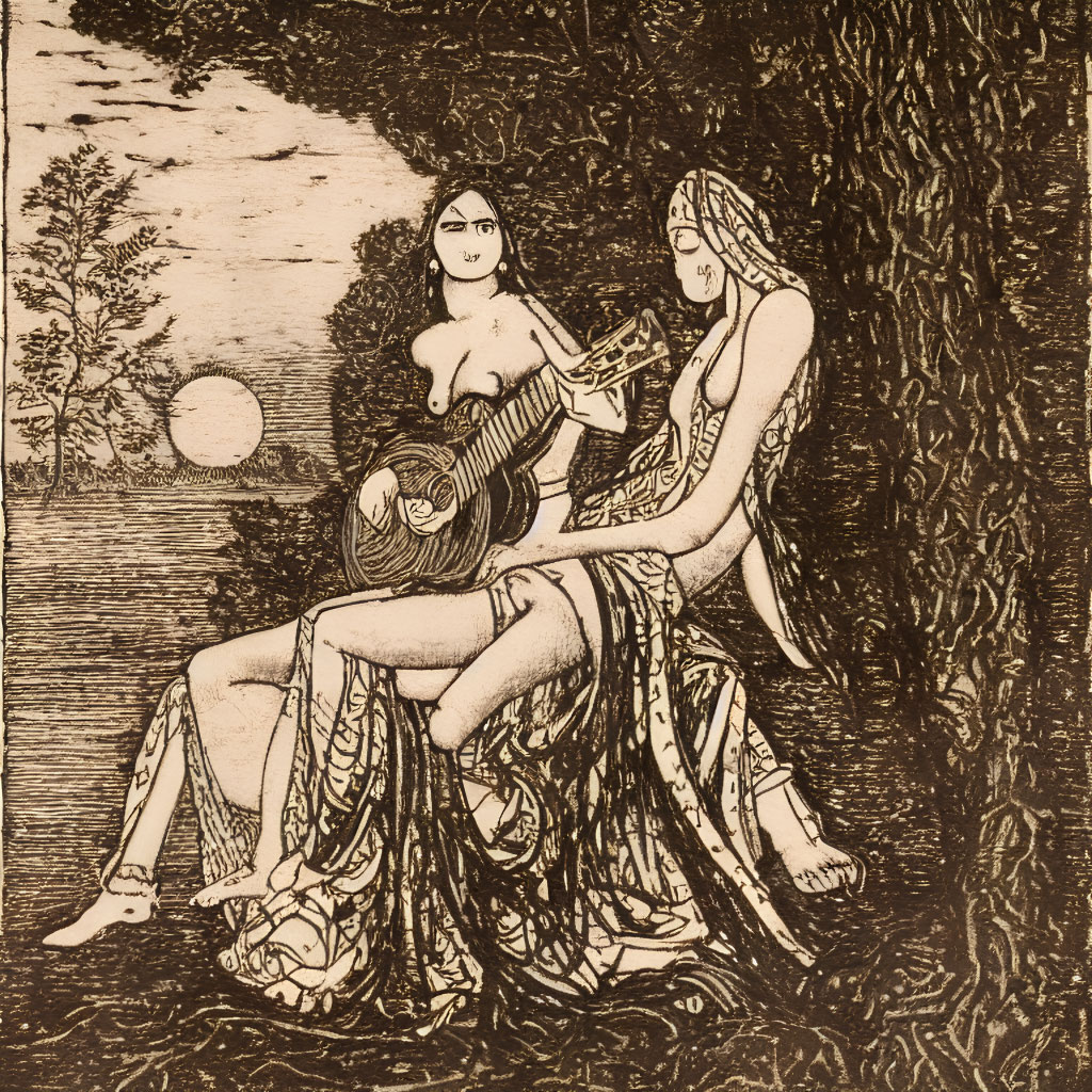 Two women in etching style with guitar, by tree, landscape, sun/moon.