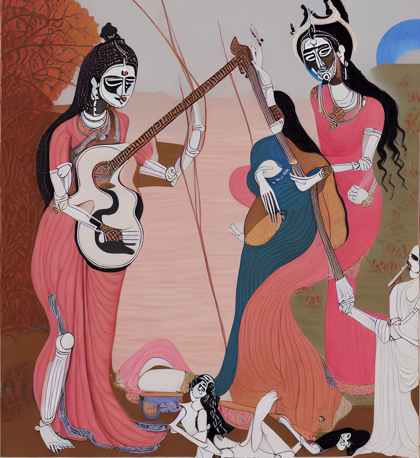 Two black-skinned female figures in pink saris playing stringed instruments in autumnal setting