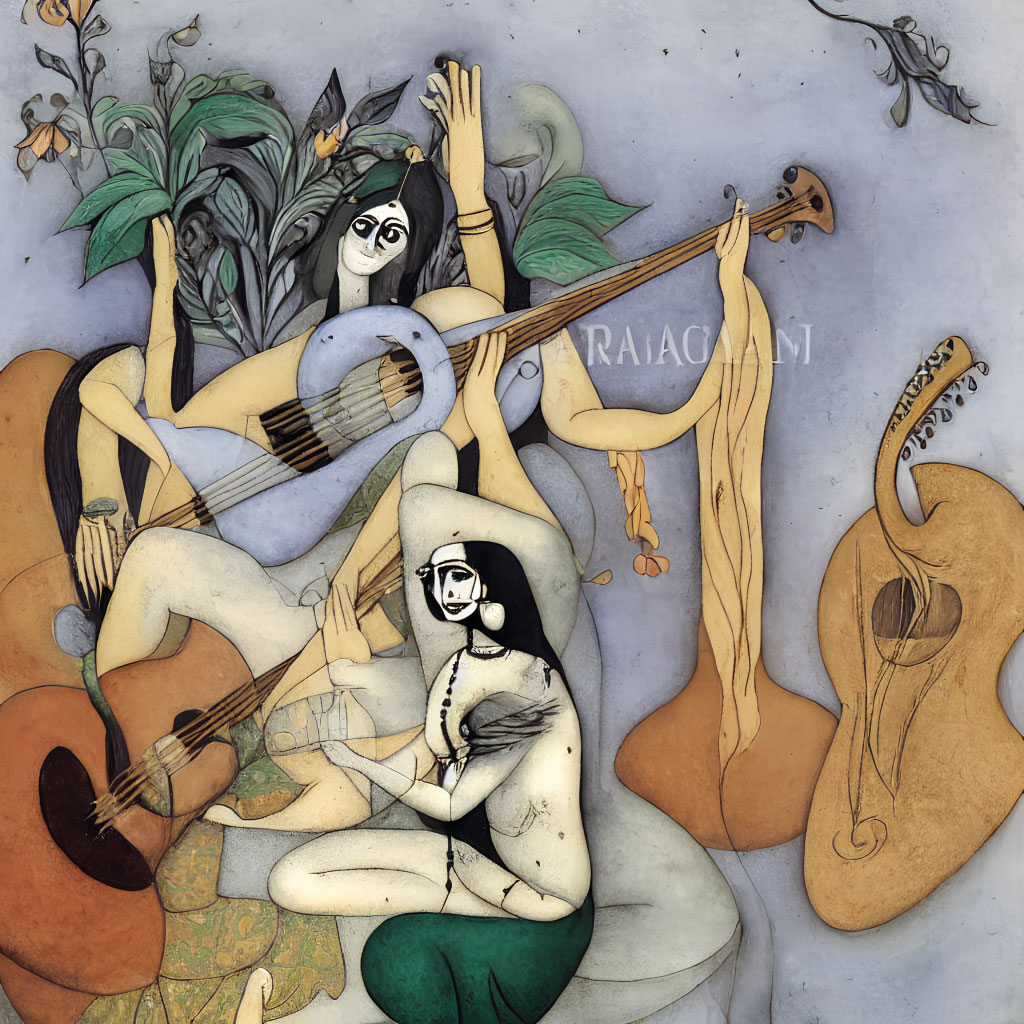 Illustration of two stylized figures with guitars and plants, one playing guitar