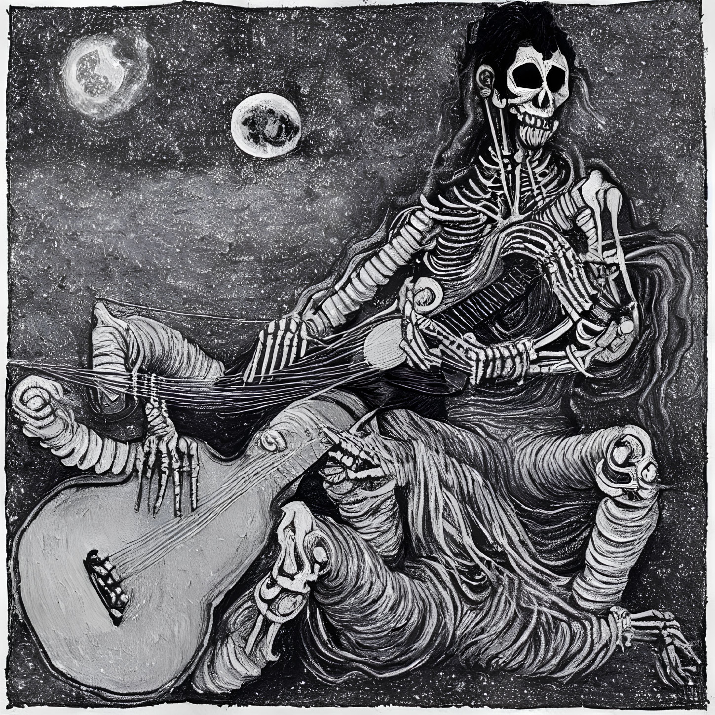 Skeletal figure with guitar under celestial sky