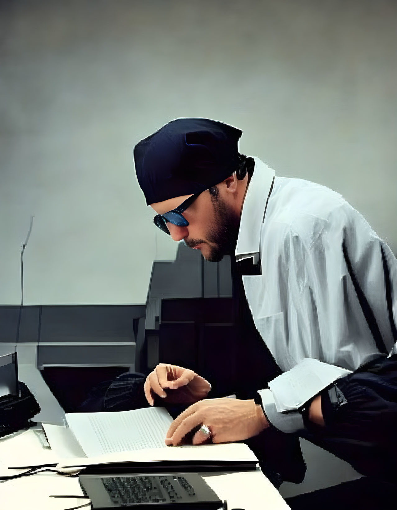 Person in dark cap and sunglasses reading document at desk with electronic devices in gray setting