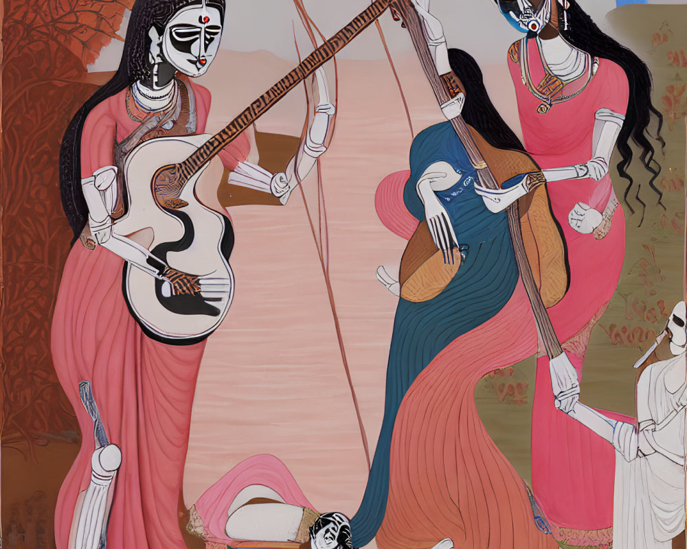 Two black-skinned female figures in pink saris playing stringed instruments in autumnal setting