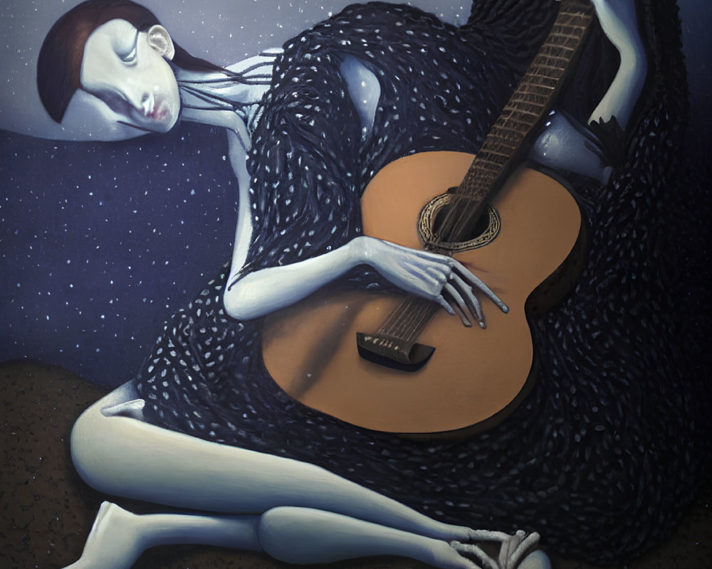 Surreal painting of person with dark hair fused with guitar in night setting