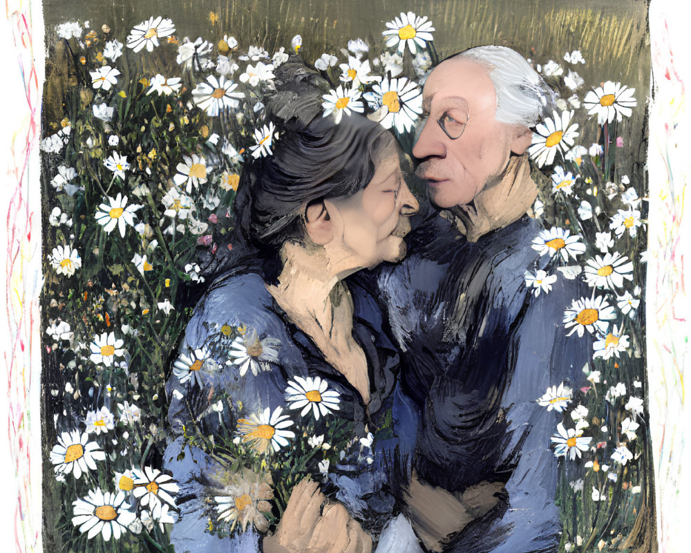 Elderly couple embracing in whimsical daisy scene