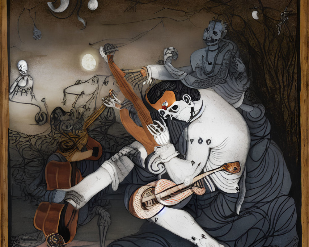 Skeletal Musicians Playing String Instruments in Dark Forest