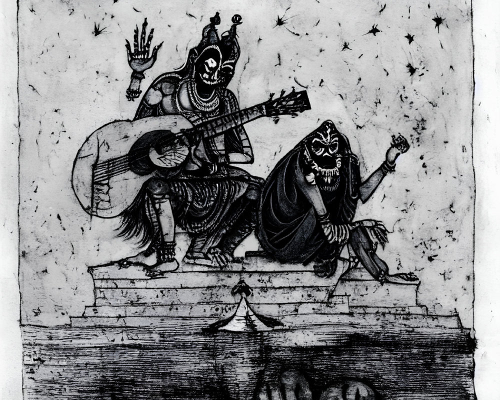 Monochrome illustration of two stylized figures with guitar and cloak on platform under starry sky