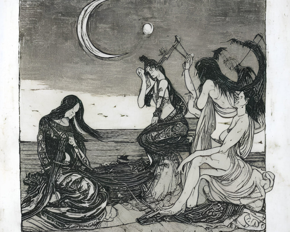 Etching of three women by the shore under a crescent moon