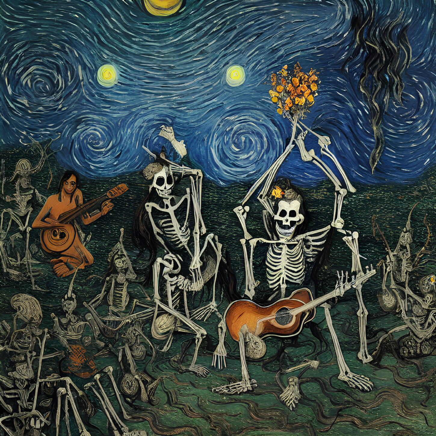 Whimsical reinterpretation of "Starry Night" with dancing skeletons