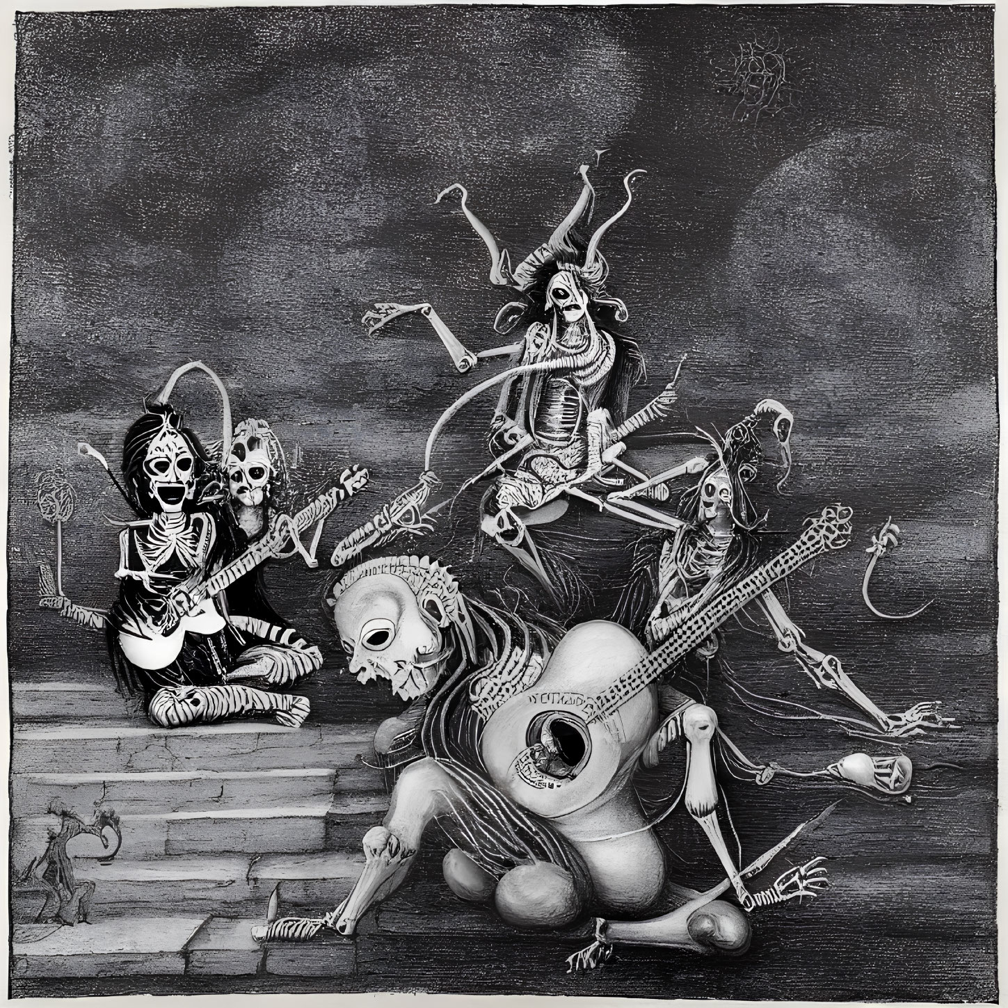 Monochrome illustration of skeleton figures playing musical instruments