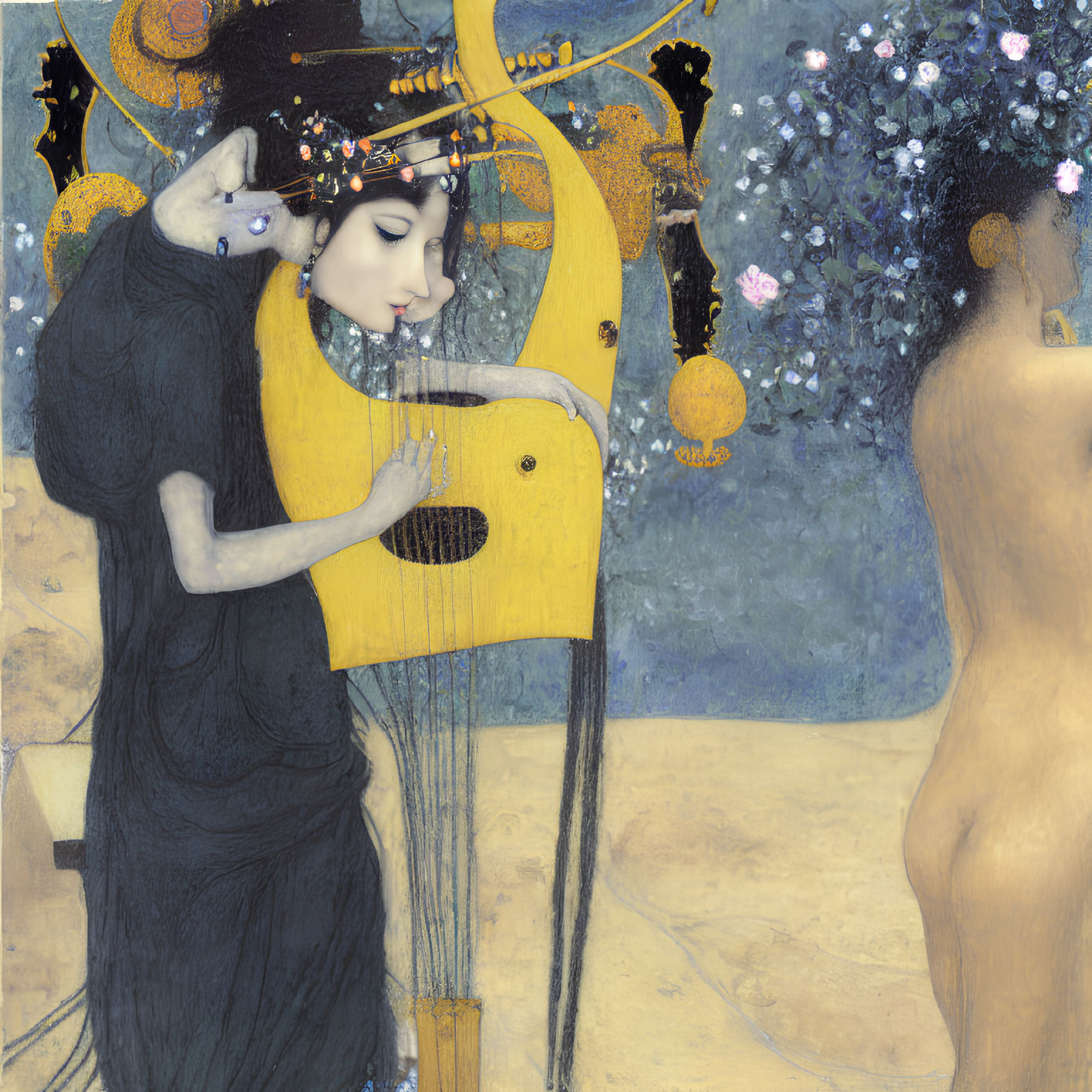 Ethereal scene of serene woman playing instrument with nude figure amidst blossoming flowers