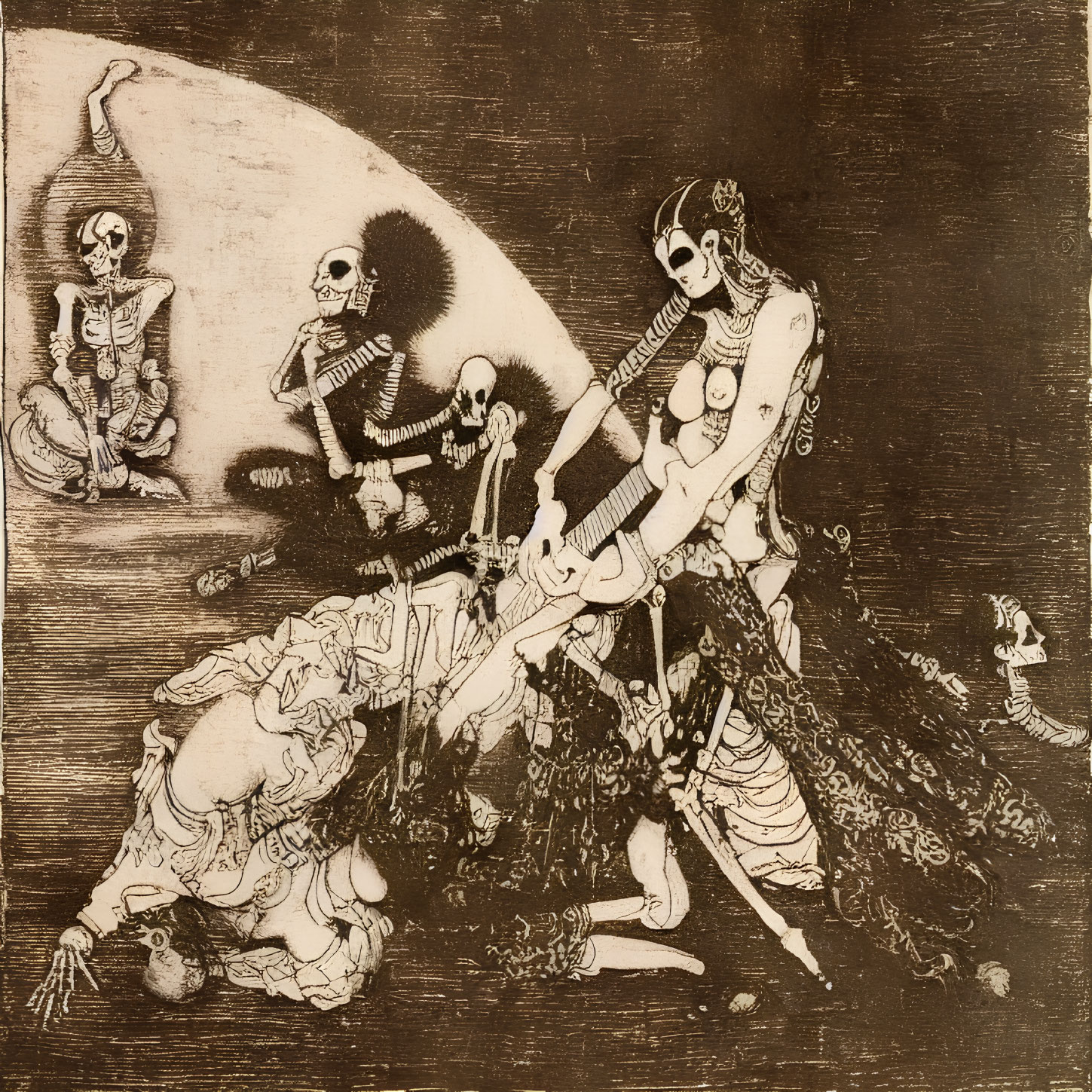 Detailed Etching: Macabre Skeleton Dance with Stringed Instrument