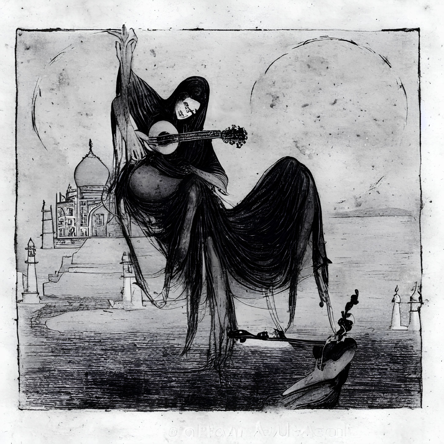 Monochromatic illustration of cloaked figure playing guitar with Taj Mahal backdrop and small figure on boat