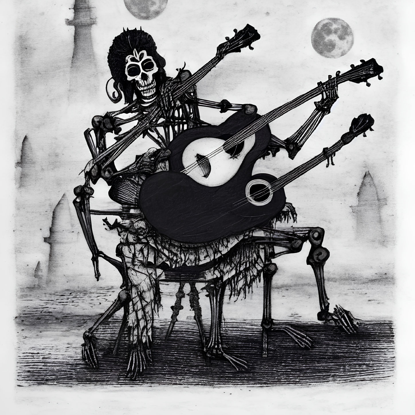 Skeleton with multiple arms playing guitars in graveyard under full moon