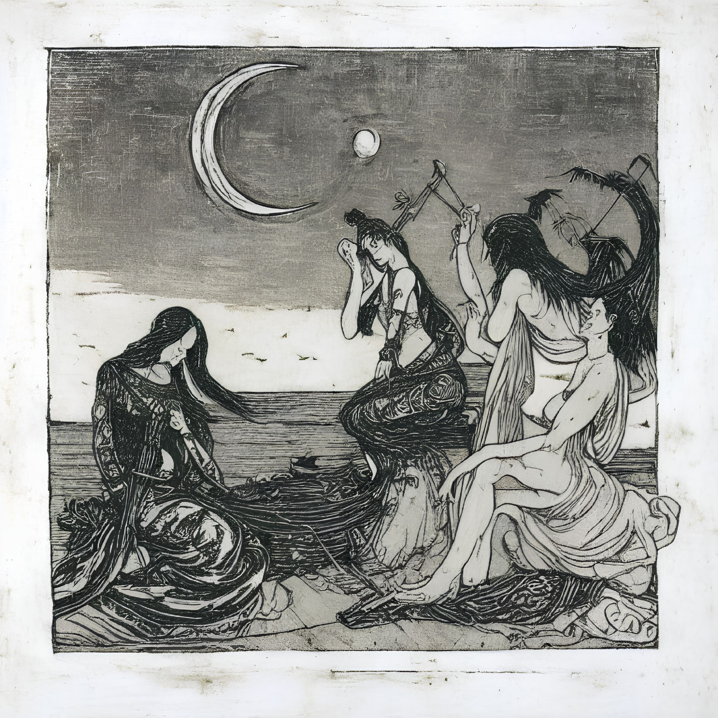 Etching of three women by the shore under a crescent moon