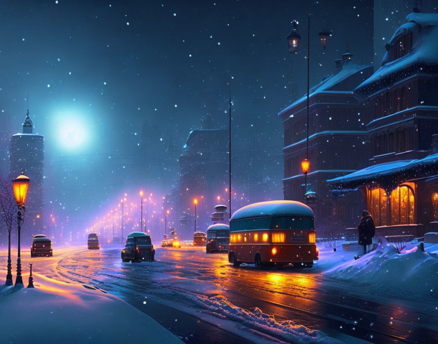 City street at night in winter with full moon, street lights, cars, and vintage bus on snow