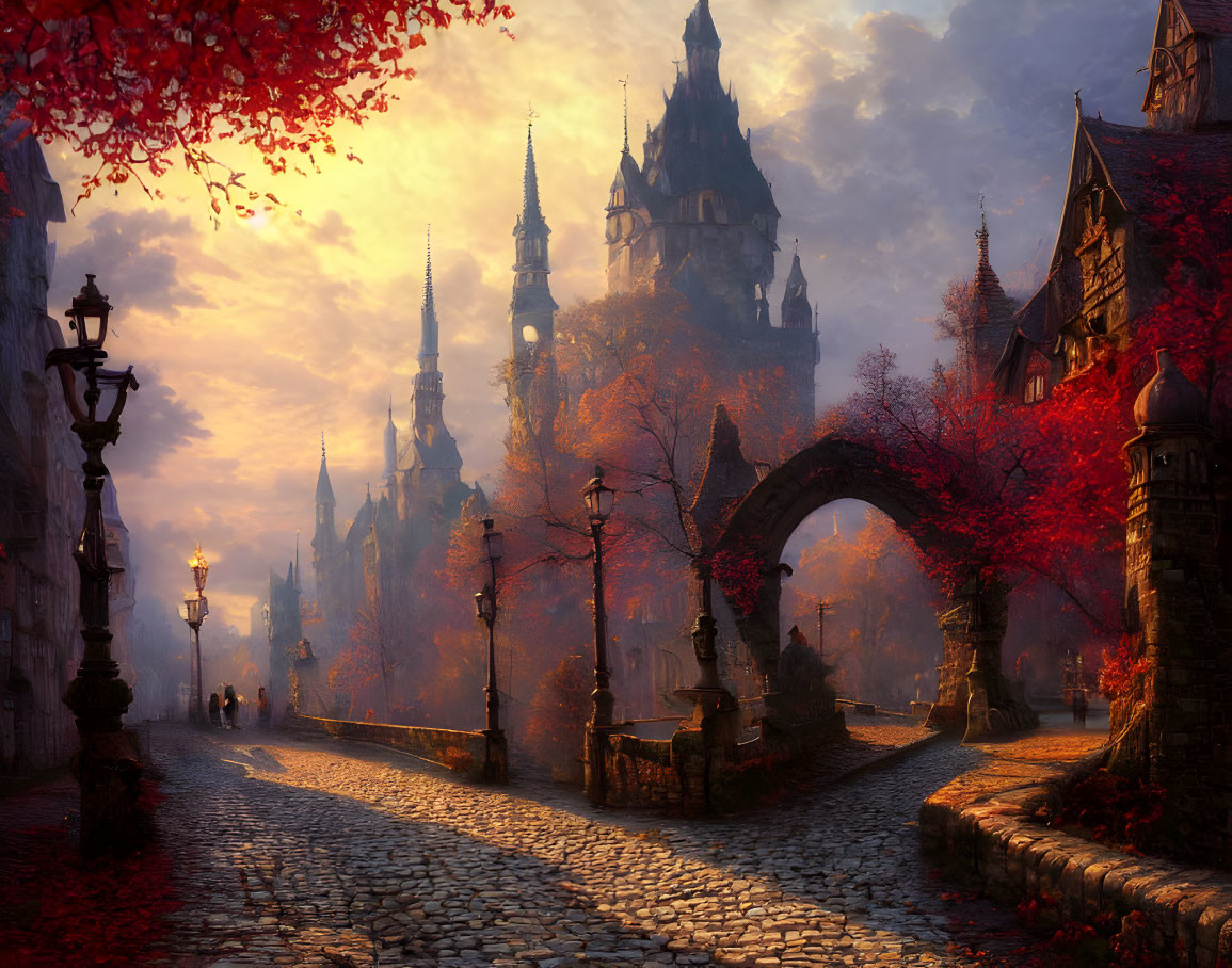 Fantasy cobblestone street with arched bridge, autumn trees, and grand castle at sunset