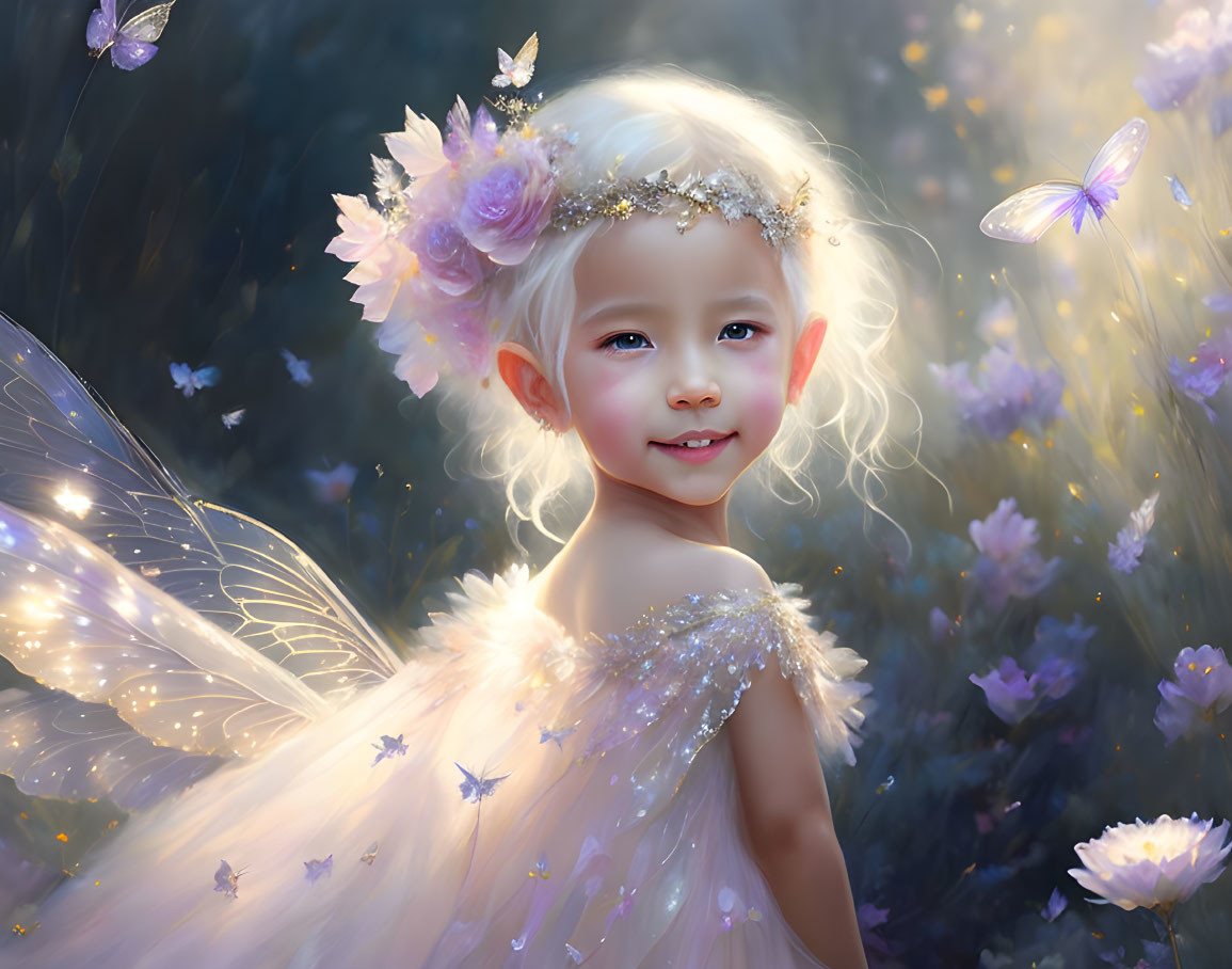 Young girl as fairy with translucent wings and glowing butterflies in magical flower setting