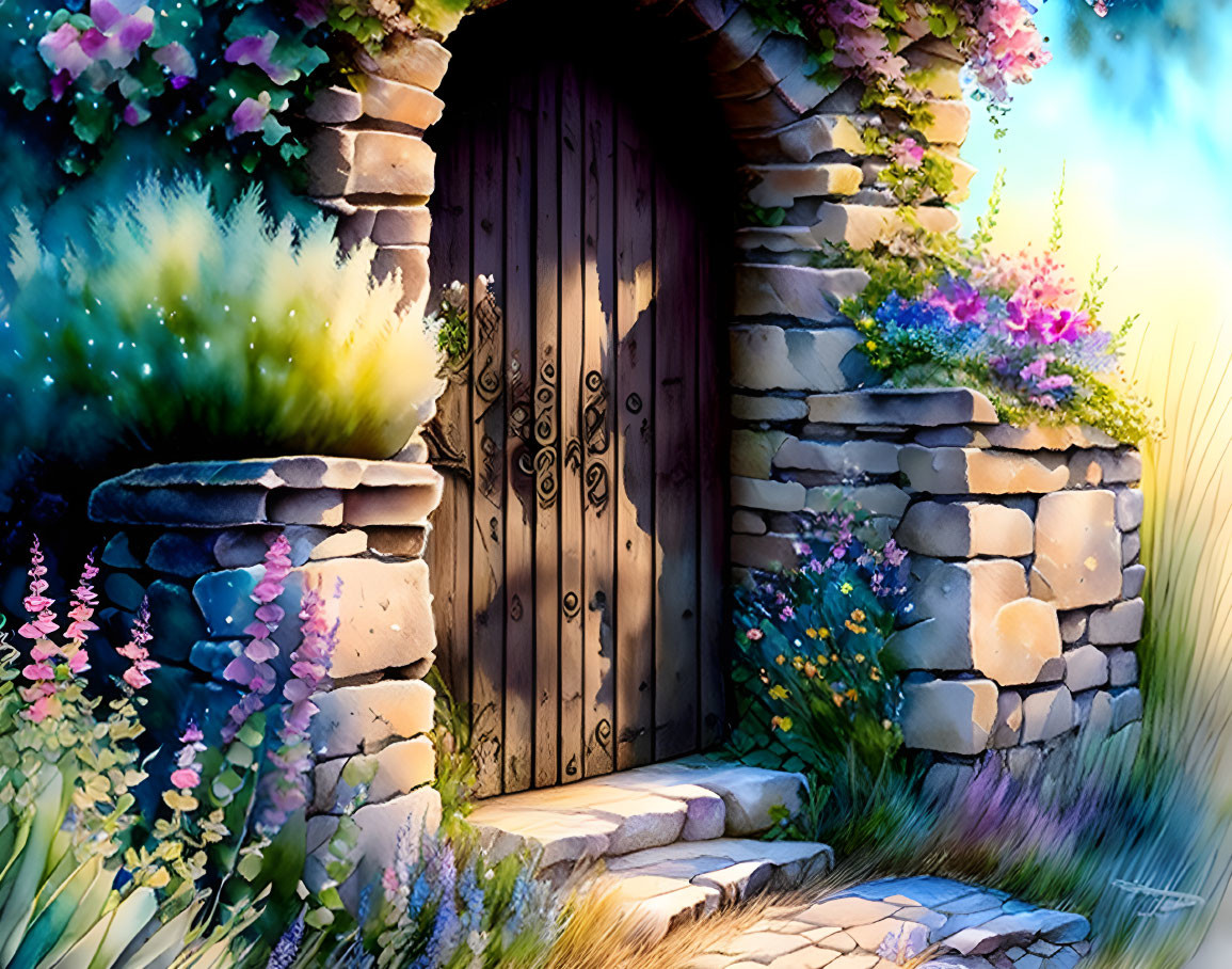 Illustration of wooden door in stone archway with lush flowers and magical light