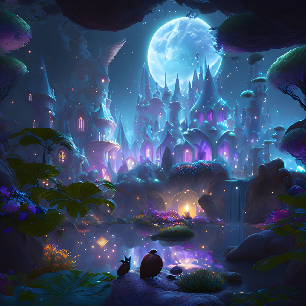 Enchanted castle at night under full moon glow