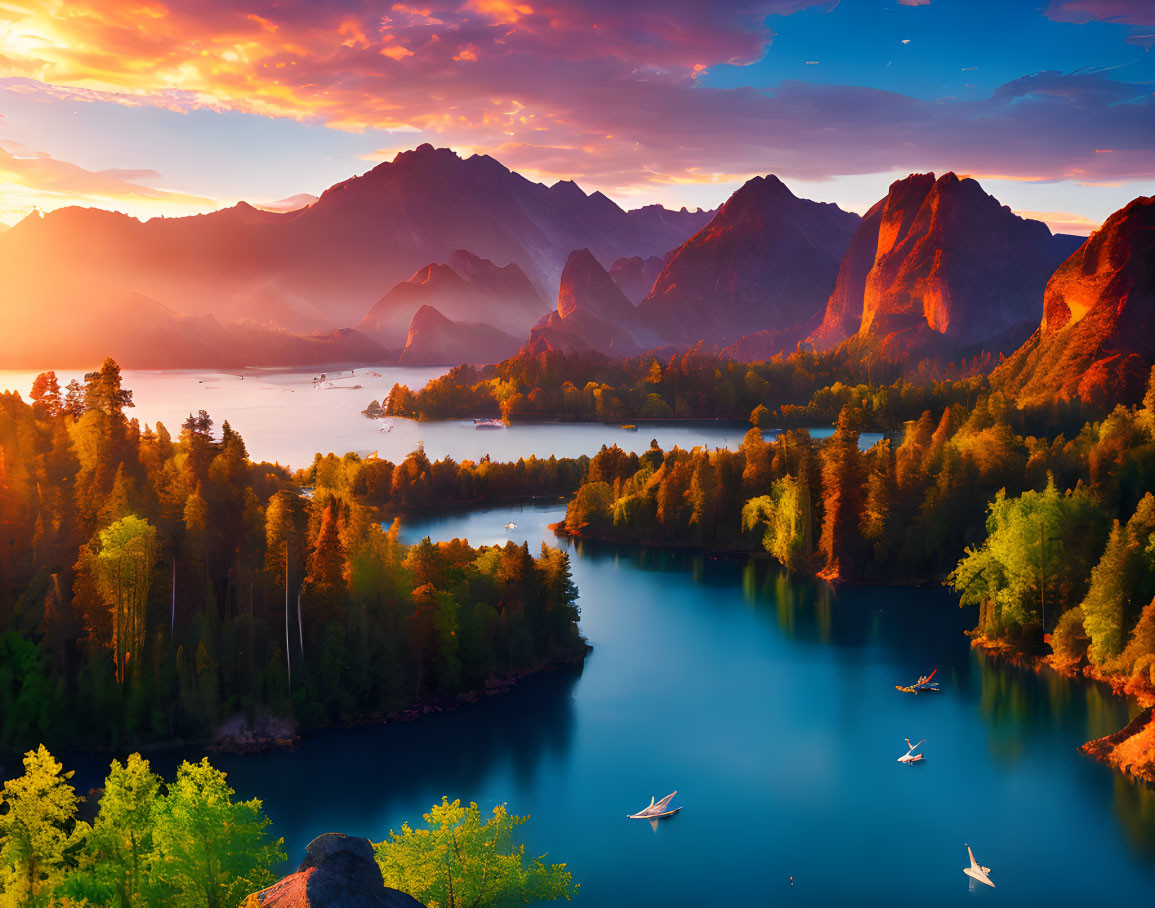 Tranquil lake with autumn trees, boats, and mountains