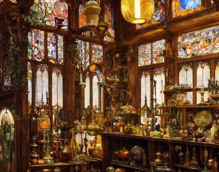 Antique-filled room with stained glass windows and vintage items