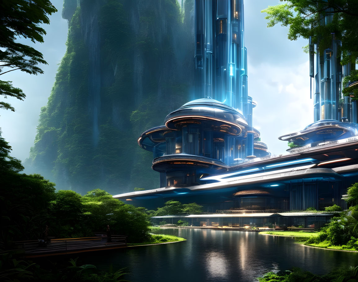 Sleek futuristic city in lush forest with glowing blue lights