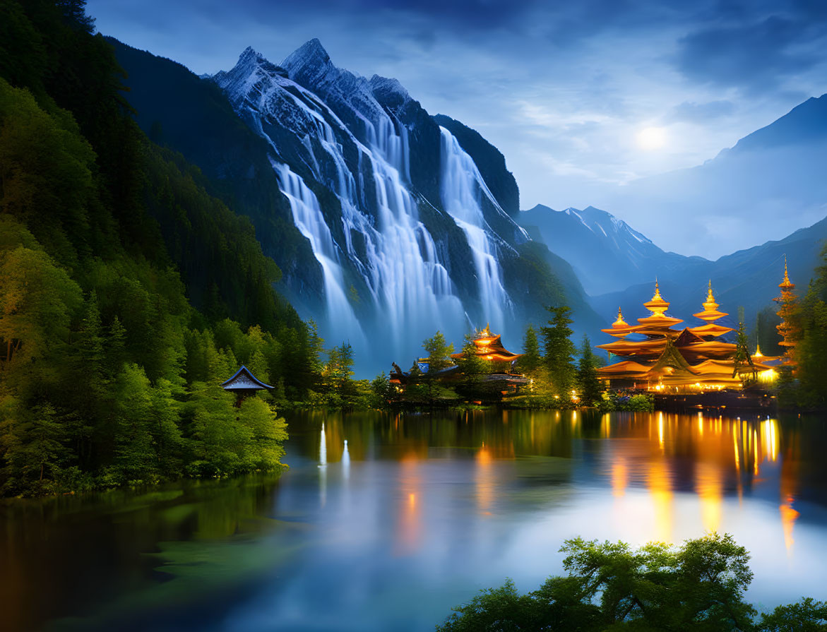 Majestic waterfall and illuminated buildings in serene moonlit landscape