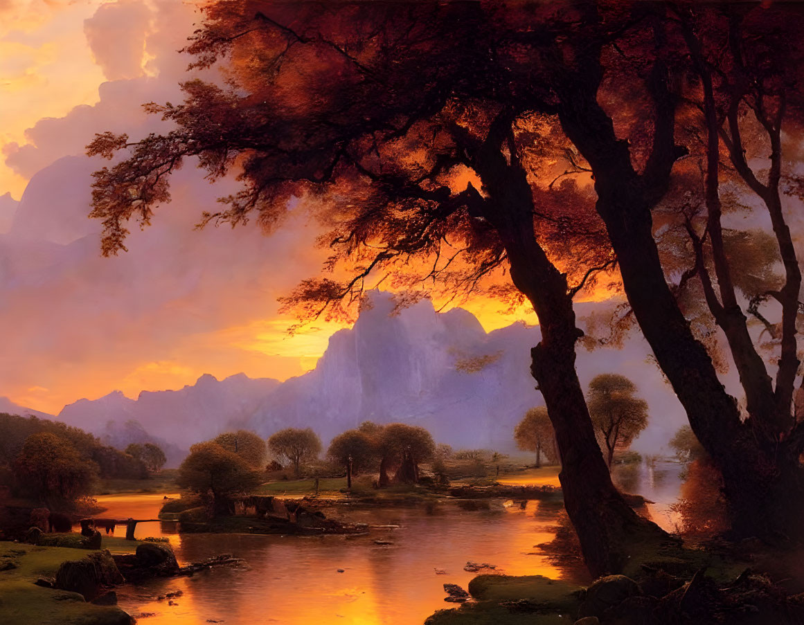 Tranquil landscape: vibrant sunset over calm river