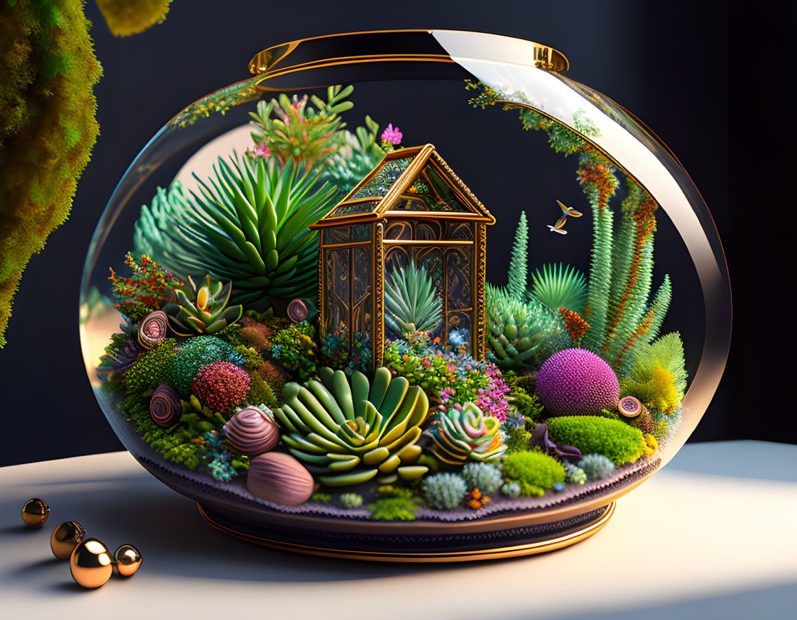 Vibrant stylized plants with golden house in modern terrarium